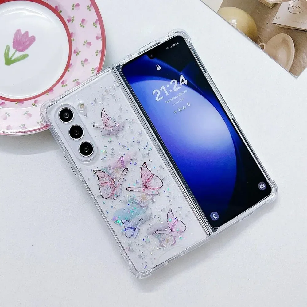 Samsung Galaxy Z Fold 7 Clear Case Sparkle Butterfly Pink Glitter Cover